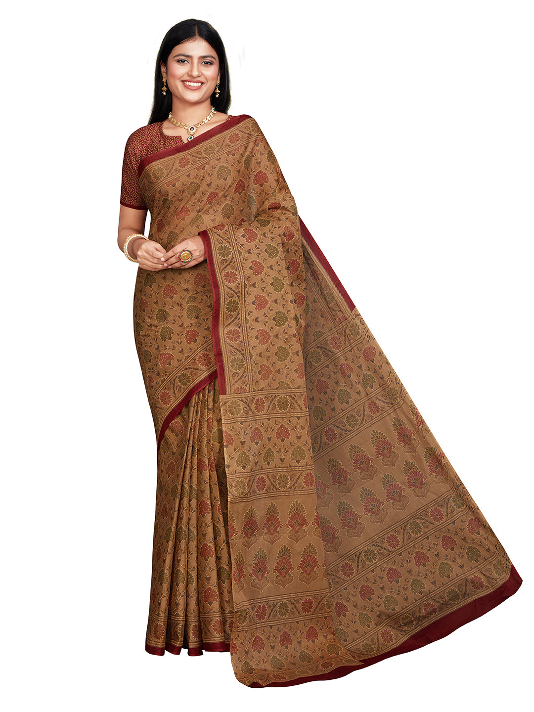 KRISHIKA Brown Printed Pure Cotton Saree