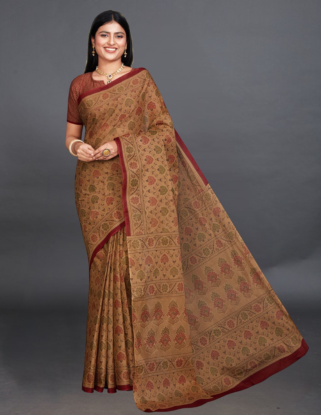 KRISHIKA Brown Printed Pure Cotton Saree