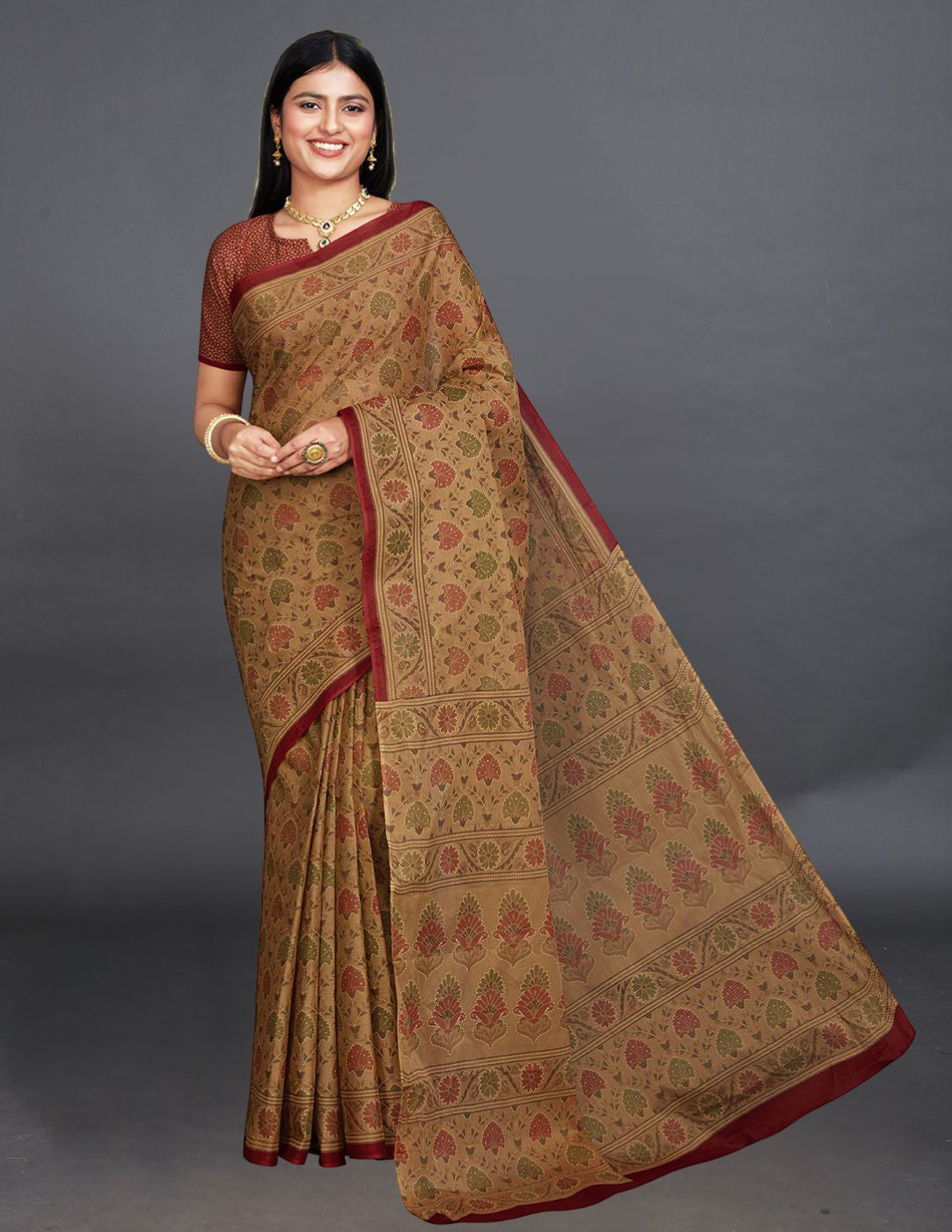 KRISHIKA Brown Printed Pure Cotton Saree