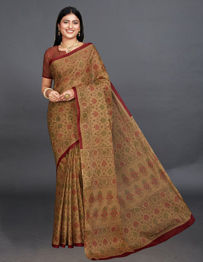 KRISHIKA Brown Printed Pure Cotton Saree