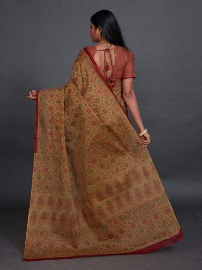 KRISHIKA Brown Printed Pure Cotton Saree