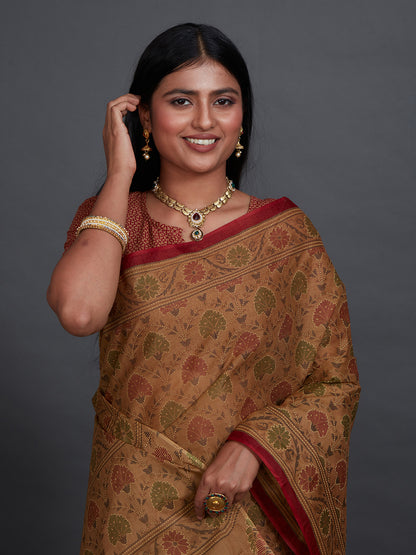 KRISHIKA Brown Printed Pure Cotton Saree