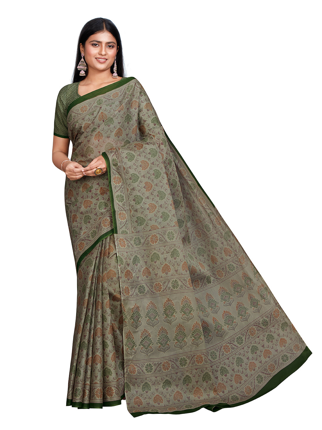 KRISHIKA Olive Printed Pure Cotton Saree