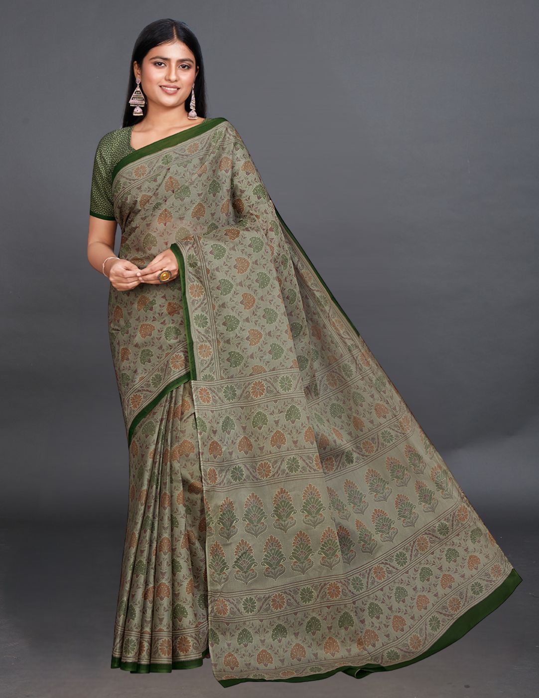 KRISHIKA Olive Printed Pure Cotton Saree