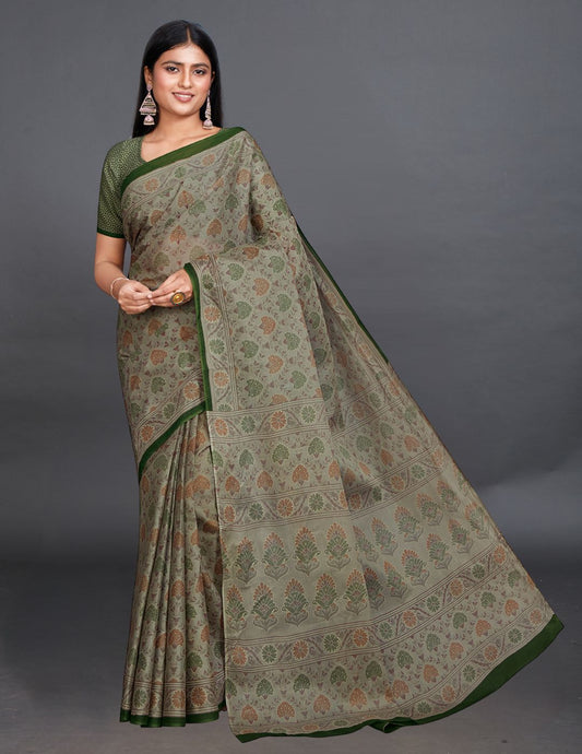 KRISHIKA Olive Printed Pure Cotton Saree