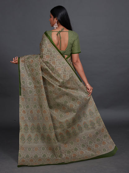 KRISHIKA Olive Printed Pure Cotton Saree