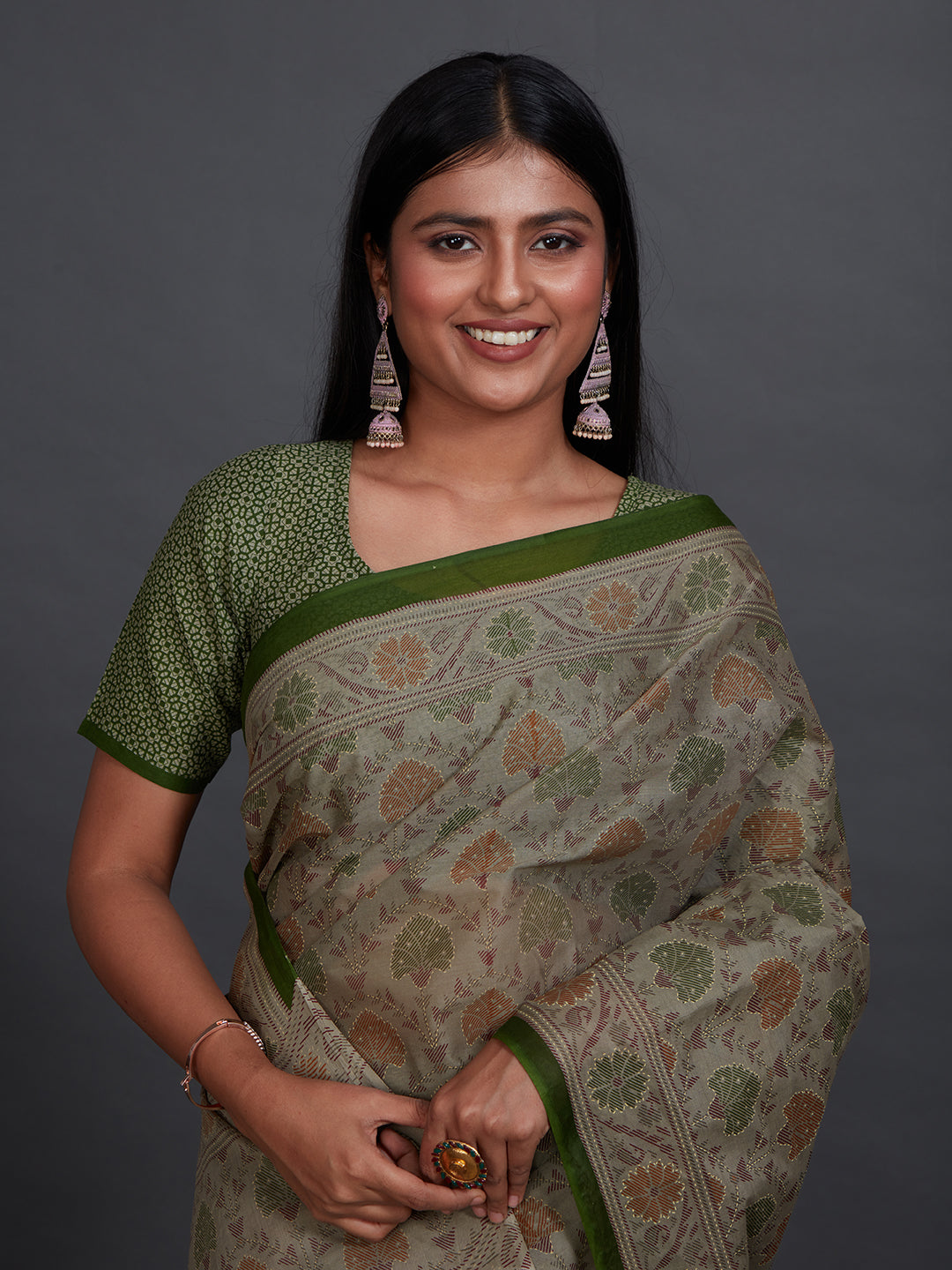 KRISHIKA Olive Printed Pure Cotton Saree