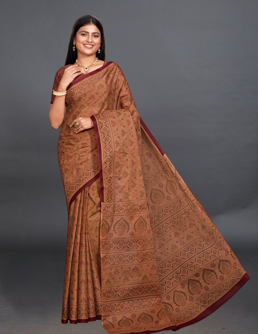 KRISHIKA Rust Printed Pure Cotton Saree