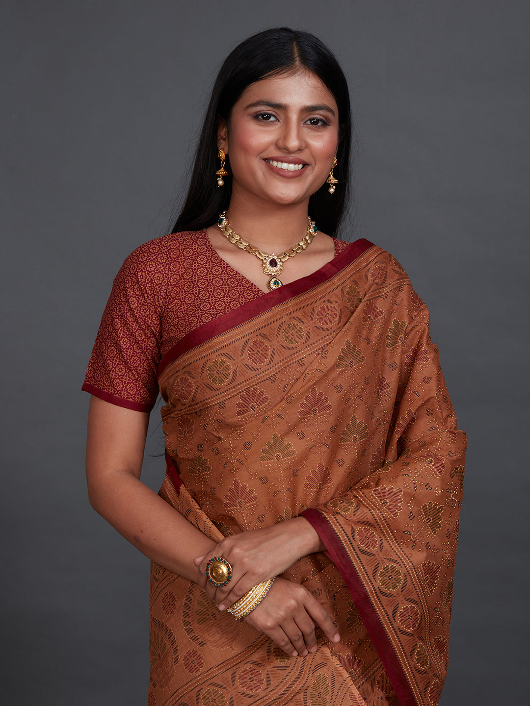 KRISHIKA Rust Printed Pure Cotton Saree