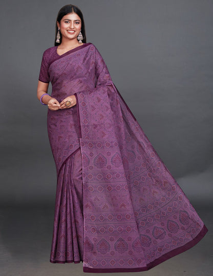 KRISHIKA Purple Printed Pure Cotton Saree