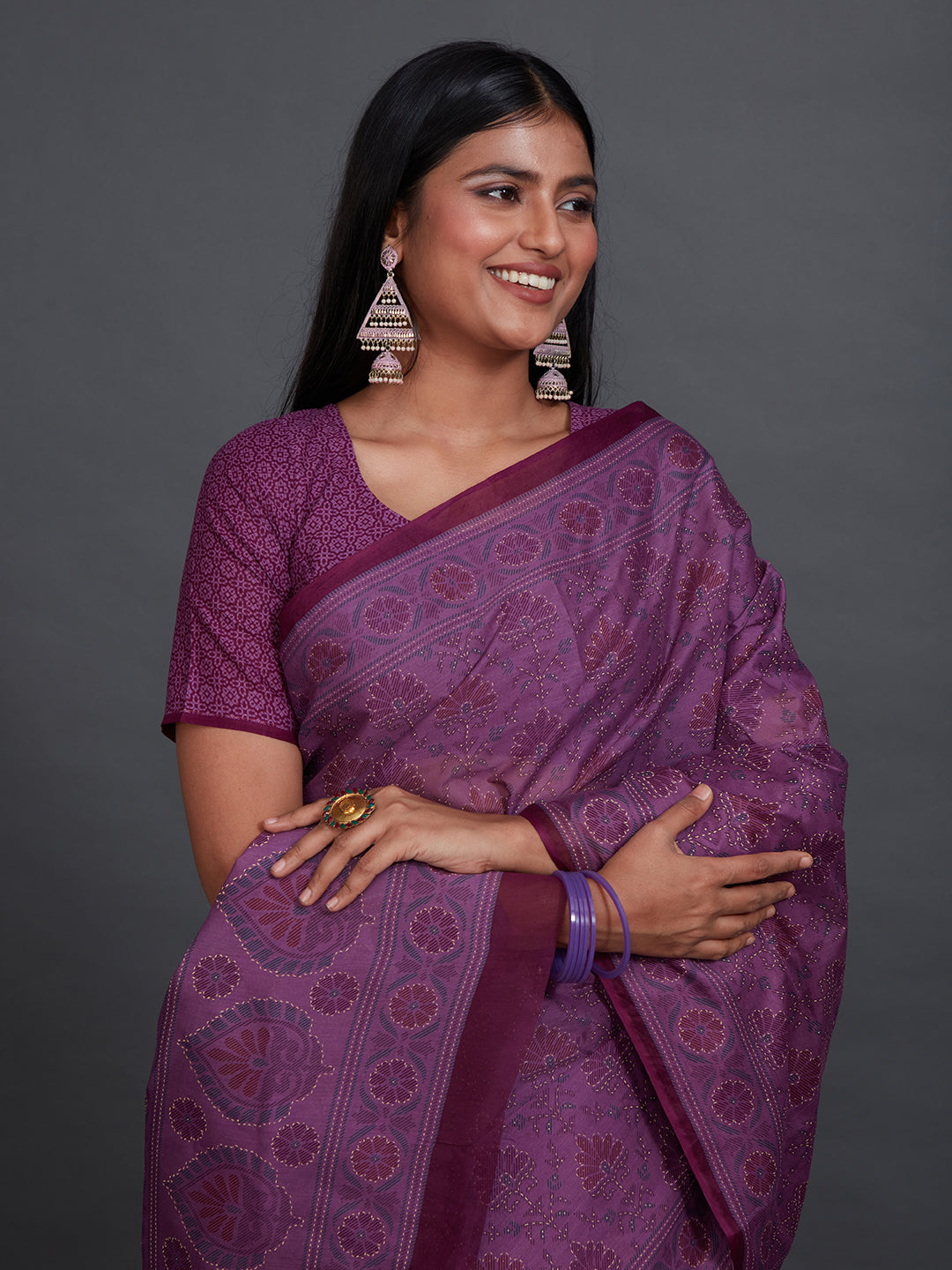 KRISHIKA Purple Printed Pure Cotton Saree