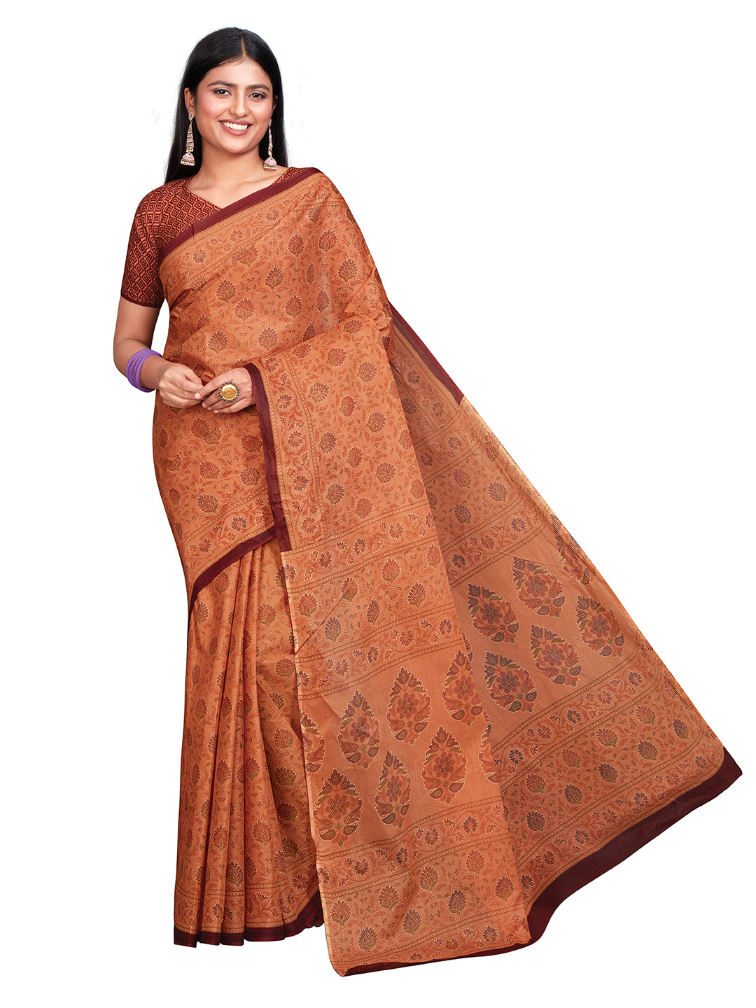 KRISHIKA Orange Printed Pure Cotton Saree