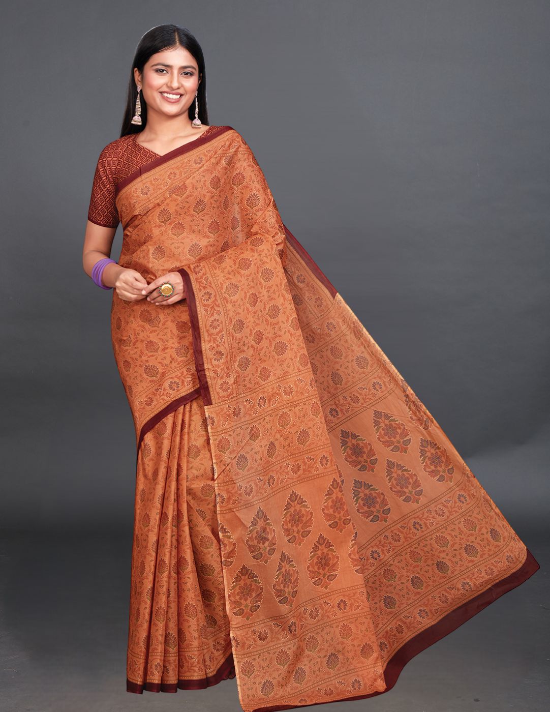 KRISHIKA Orange Printed Pure Cotton Saree