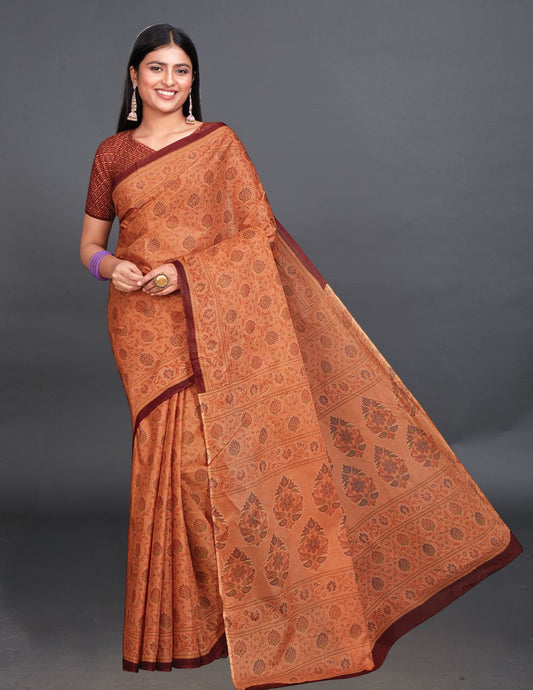KRISHIKA Orange Printed Pure Cotton Saree