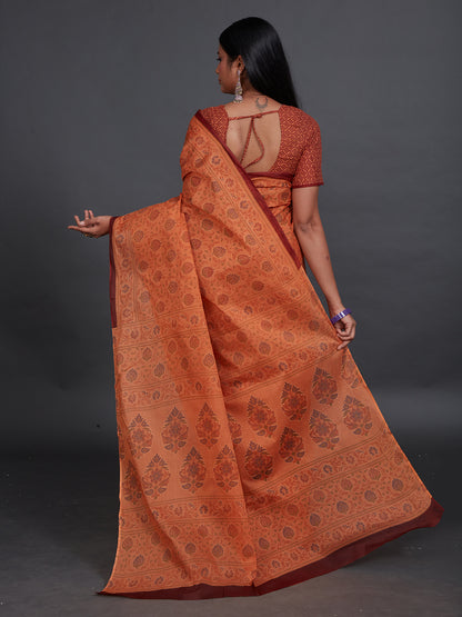 KRISHIKA Orange Printed Pure Cotton Saree