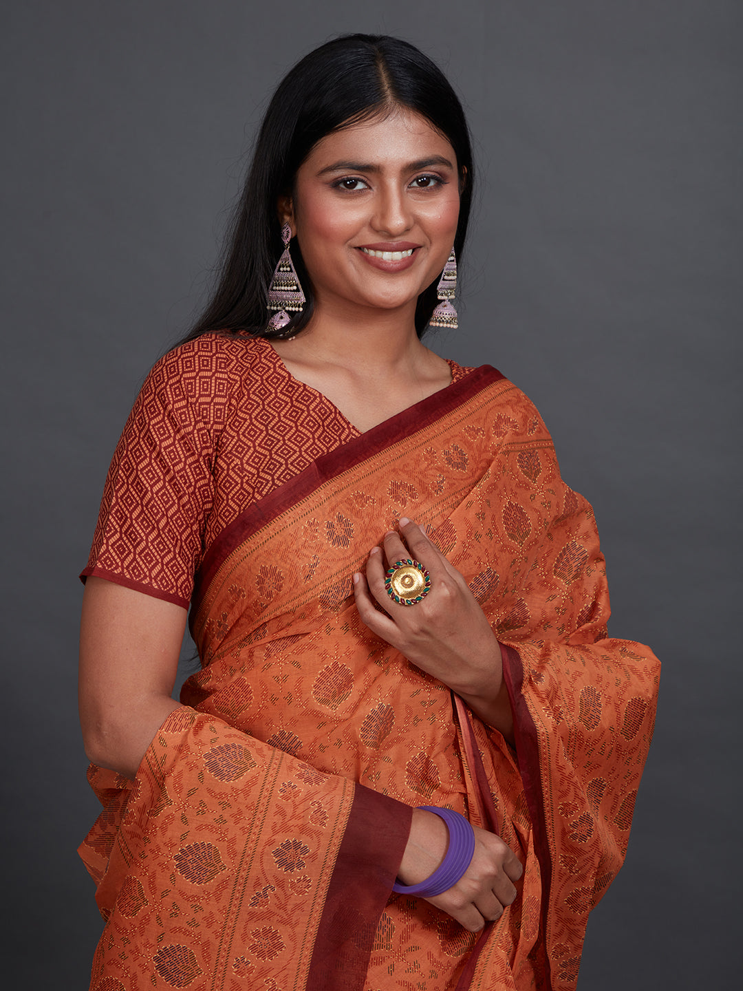 KRISHIKA Orange Printed Pure Cotton Saree