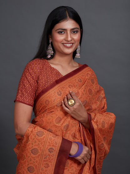 KRISHIKA Orange Printed Pure Cotton Saree
