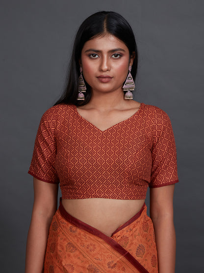 KRISHIKA Orange Printed Pure Cotton Saree