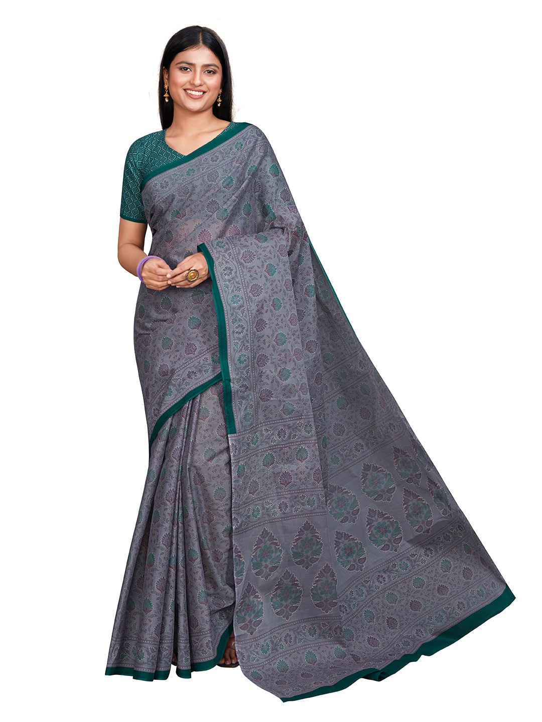 KRISHIKA Grey Printed Pure Cotton Saree