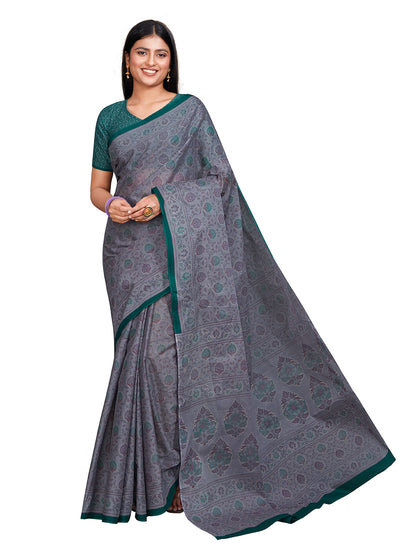 KRISHIKA Grey Printed Pure Cotton Saree