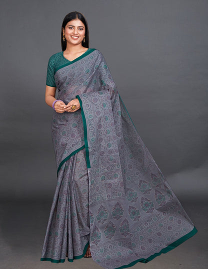 KRISHIKA Grey Printed Pure Cotton Saree