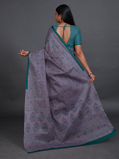 KRISHIKA Grey Printed Pure Cotton Saree