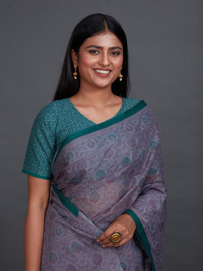 KRISHIKA Grey Printed Pure Cotton Saree