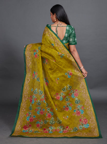 SHIBORI Olive Printed Pure Cotton Saree