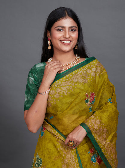 SHIBORI Olive Printed Pure Cotton Saree