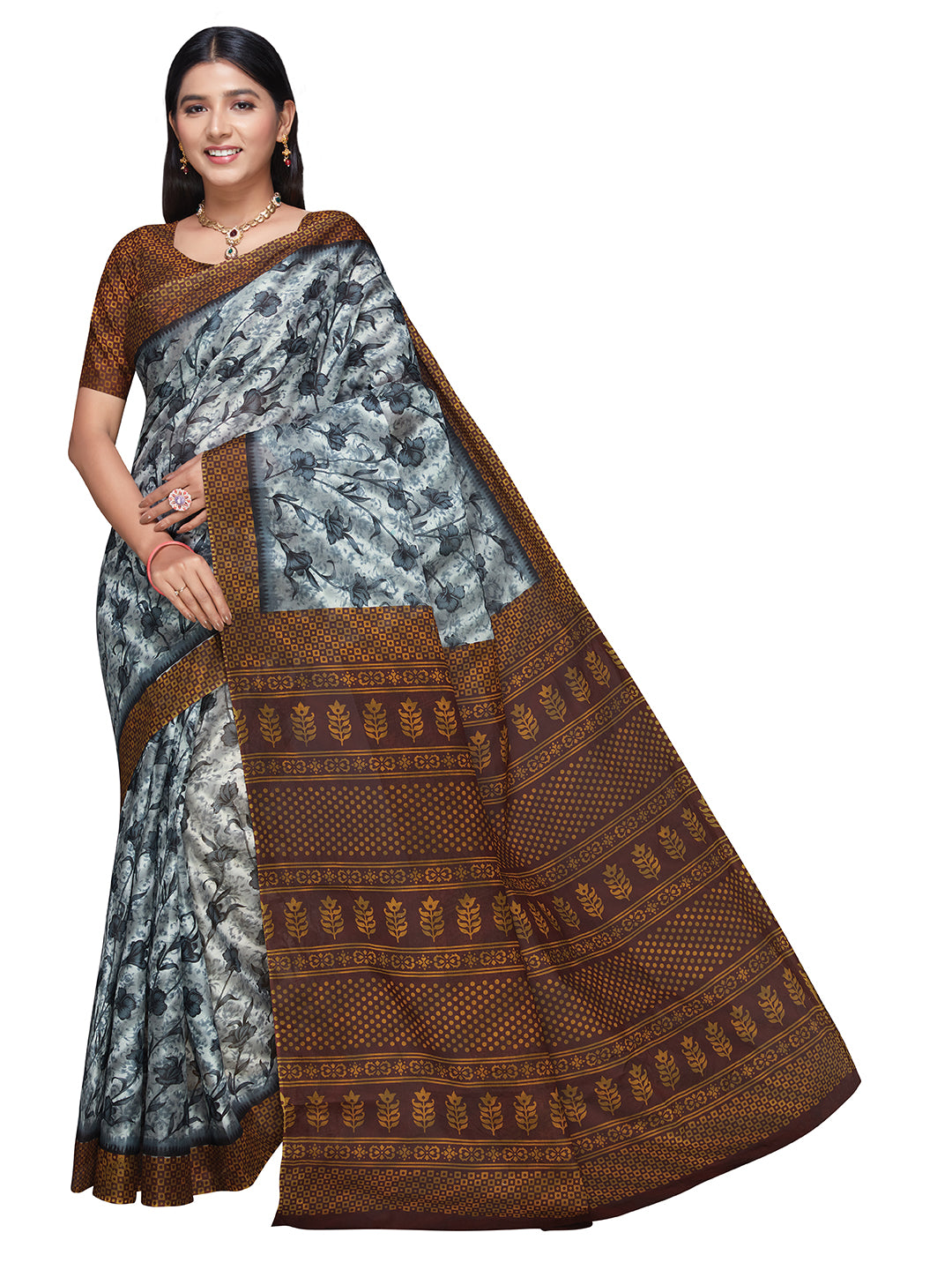 MISS INDIA Grey Floral Printed Pure Cotton Saree