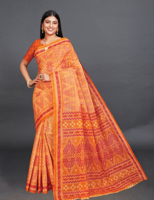 KANCHI COTTON Orange Printed Pure Cotton Saree