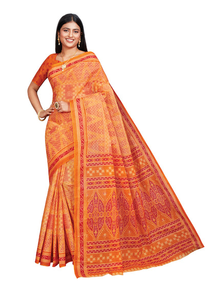 KANCHI COTTON Orange Printed Pure Cotton Saree
