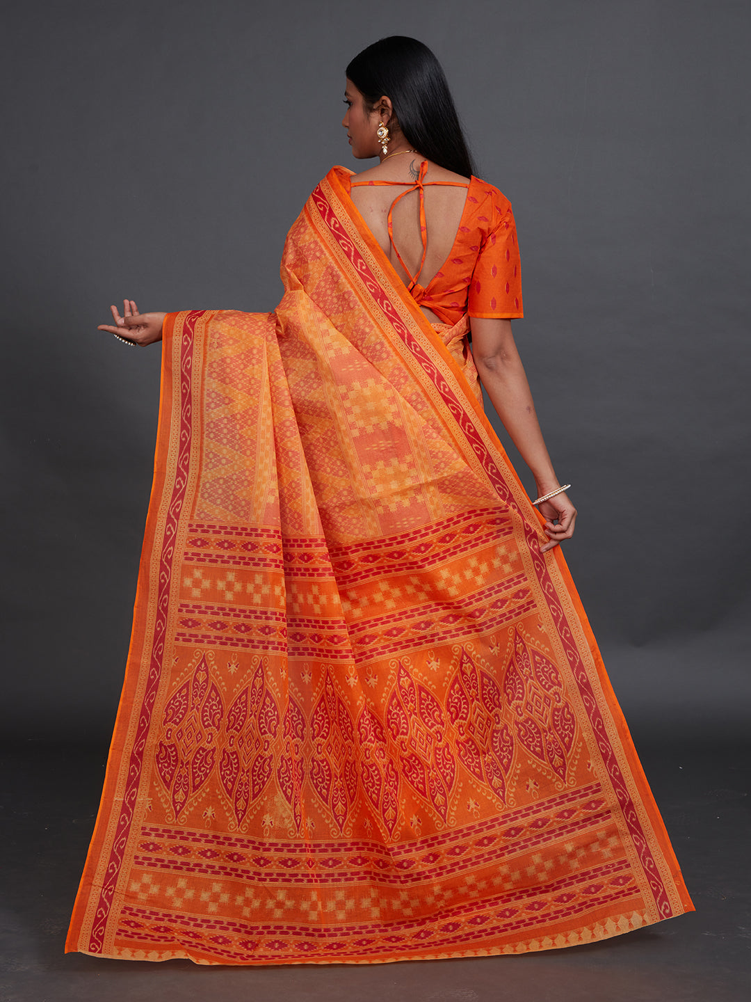 KANCHI COTTON Orange Printed Pure Cotton Saree
