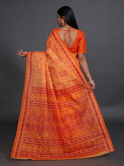 KANCHI COTTON Orange Printed Pure Cotton Saree
