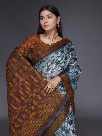 MISS INDIA Grey Floral Printed Pure Cotton Saree