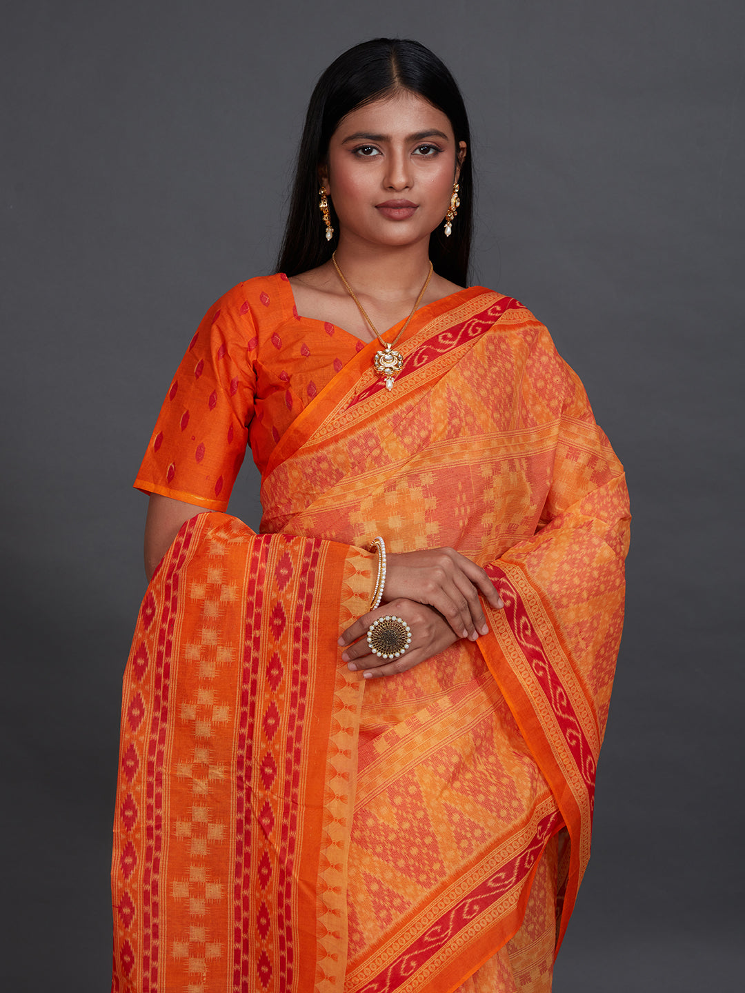 KANCHI COTTON Orange Printed Pure Cotton Saree