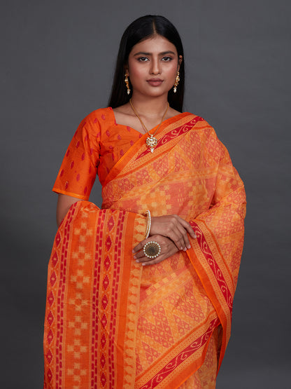 KANCHI COTTON Orange Printed Pure Cotton Saree