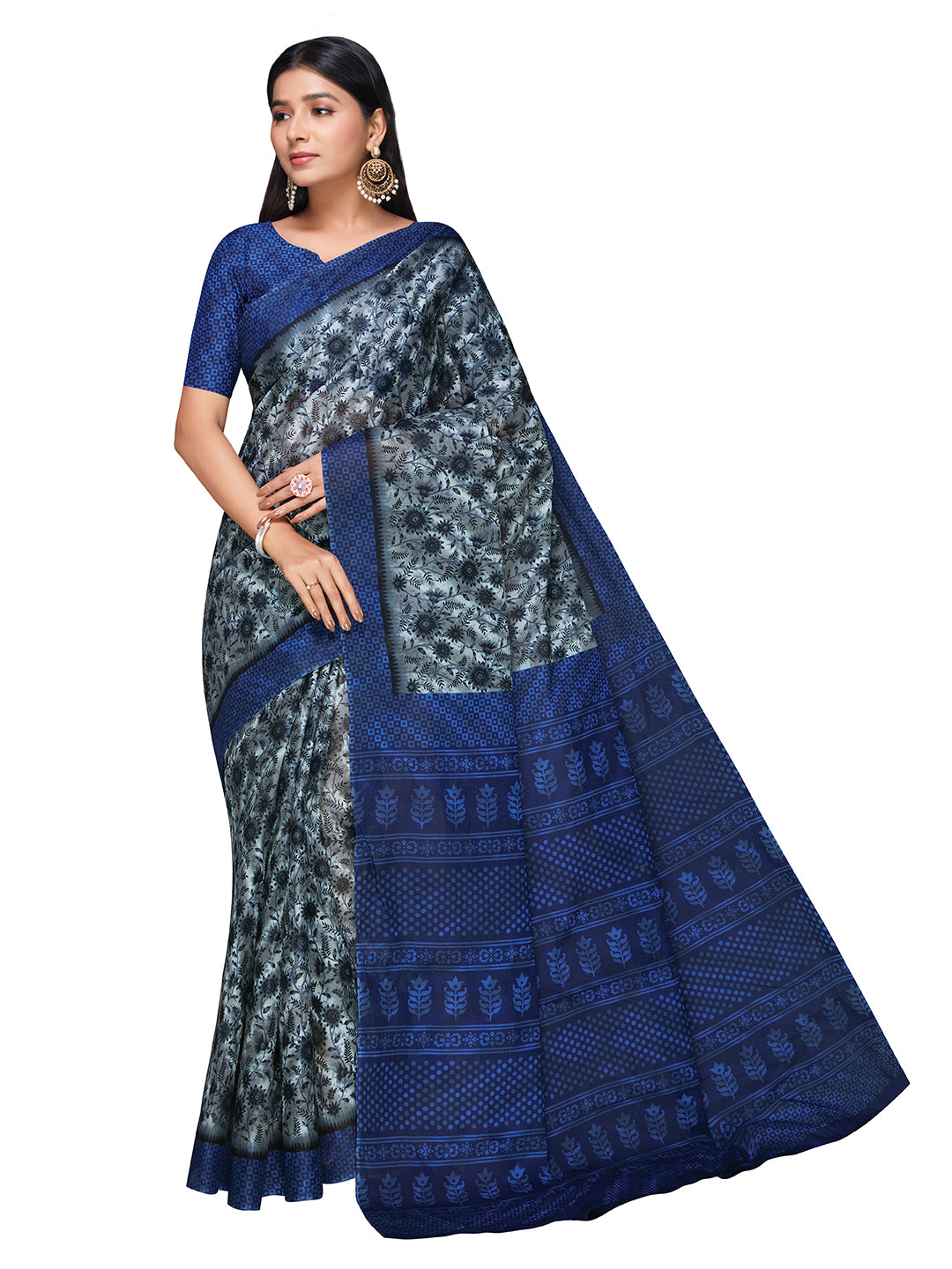 MISS INDIA Blue Floral Printed Pure Cotton Saree