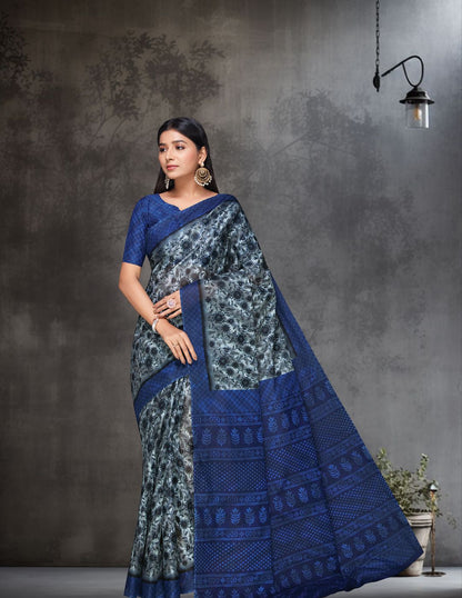 MISS INDIA Blue Floral Printed Pure Cotton Saree