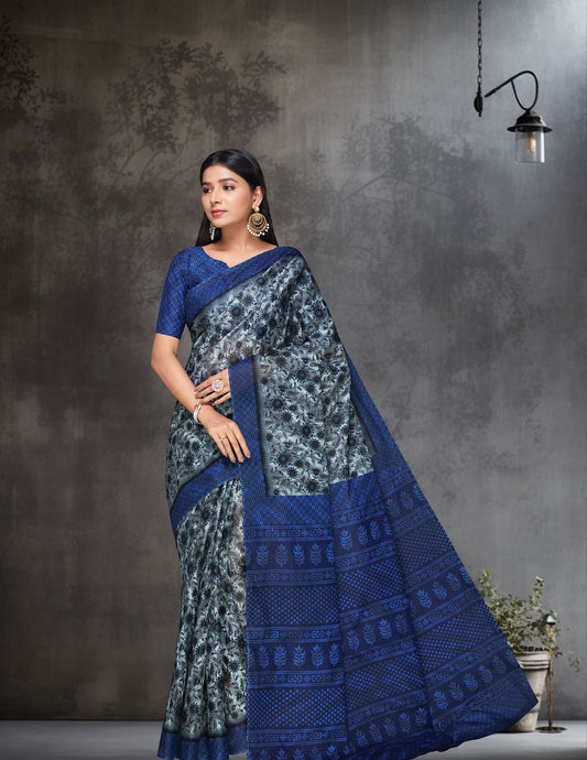 MISS INDIA Blue Floral Printed Pure Cotton Saree