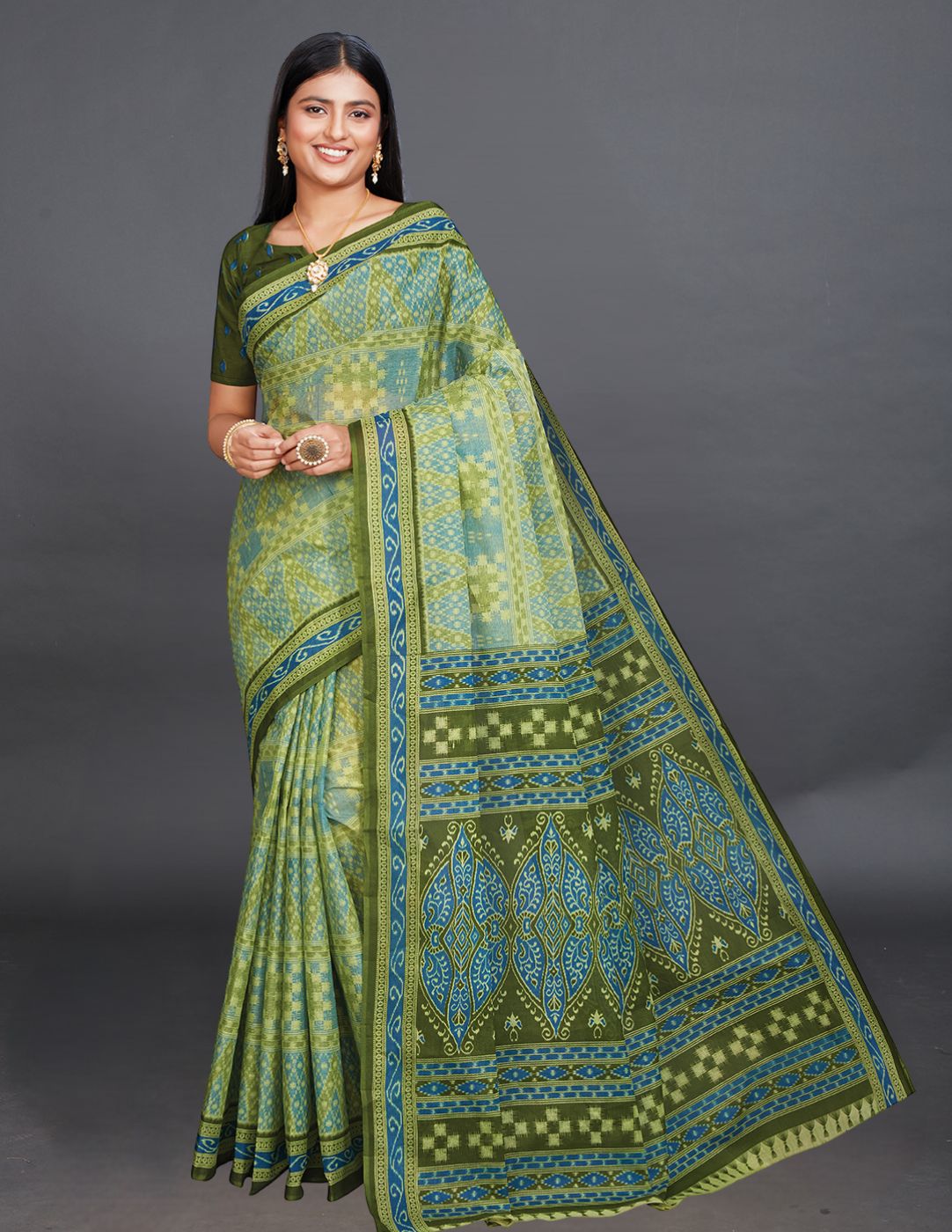 KANCHI COTTON Green Printed Pure Cotton Saree