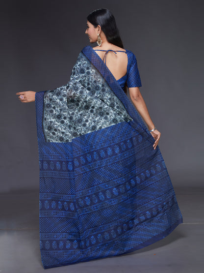 MISS INDIA Blue Floral Printed Pure Cotton Saree
