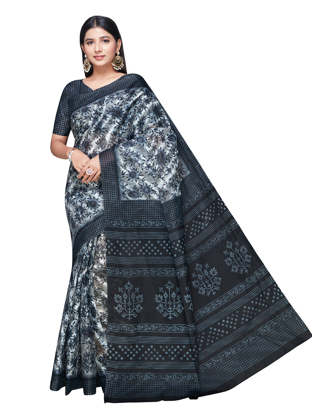 MISS INDIA Black Floral Printed Pure Cotton Saree