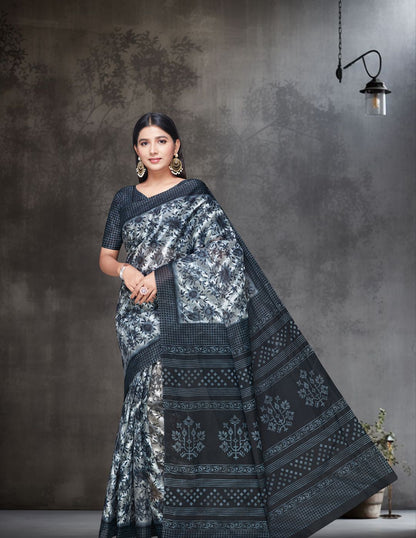 MISS INDIA Black Floral Printed Pure Cotton Saree