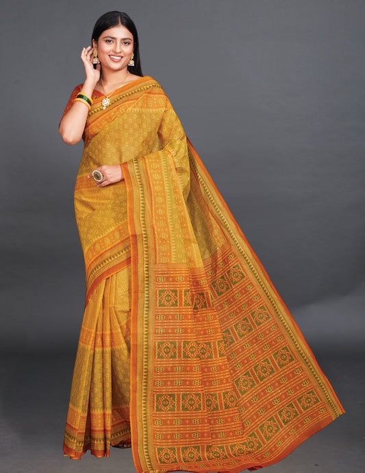 KANCHI COTTON Mustard Printed Pure Cotton Saree