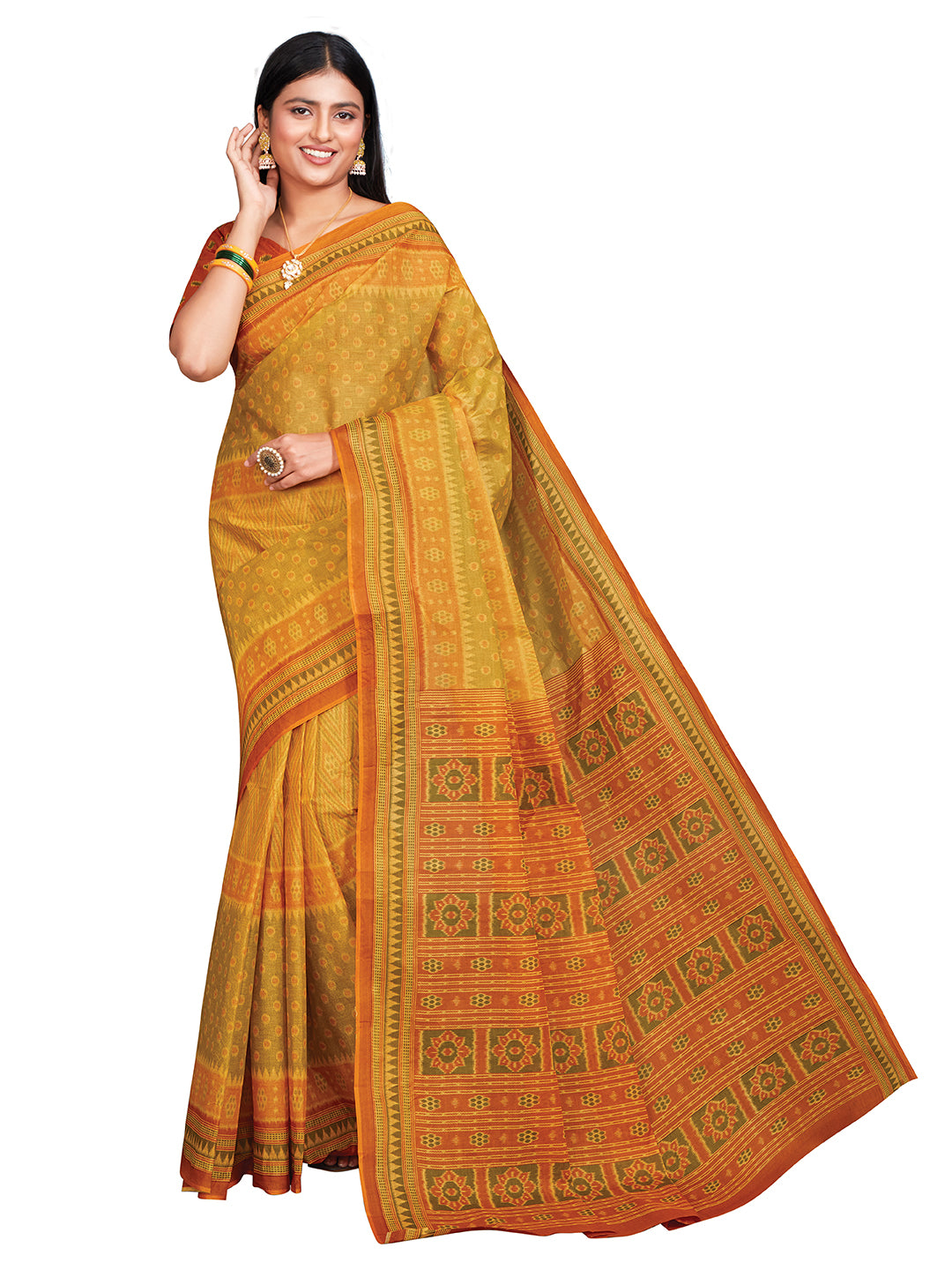 KANCHI COTTON Mustard Printed Pure Cotton Saree