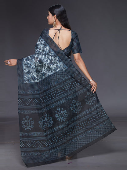 MISS INDIA Black Floral Printed Pure Cotton Saree