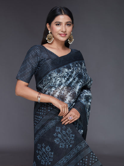 MISS INDIA Black Floral Printed Pure Cotton Saree