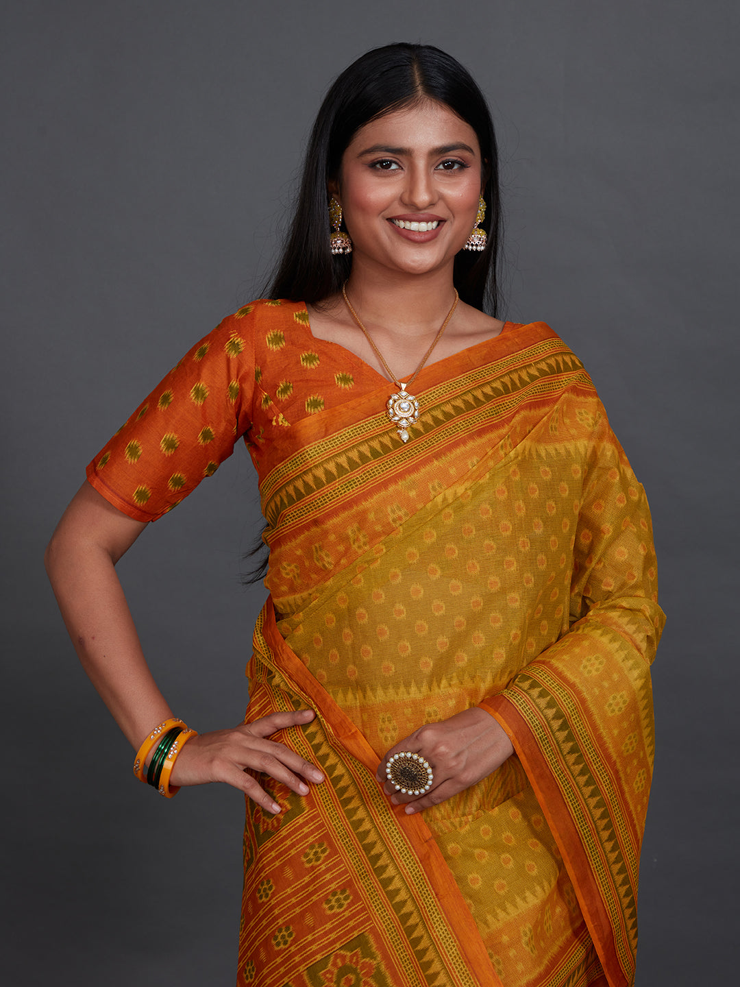 KANCHI COTTON Mustard Printed Pure Cotton Saree