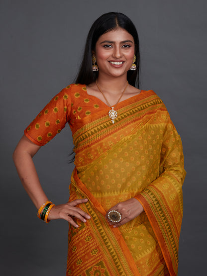 KANCHI COTTON Mustard Printed Pure Cotton Saree